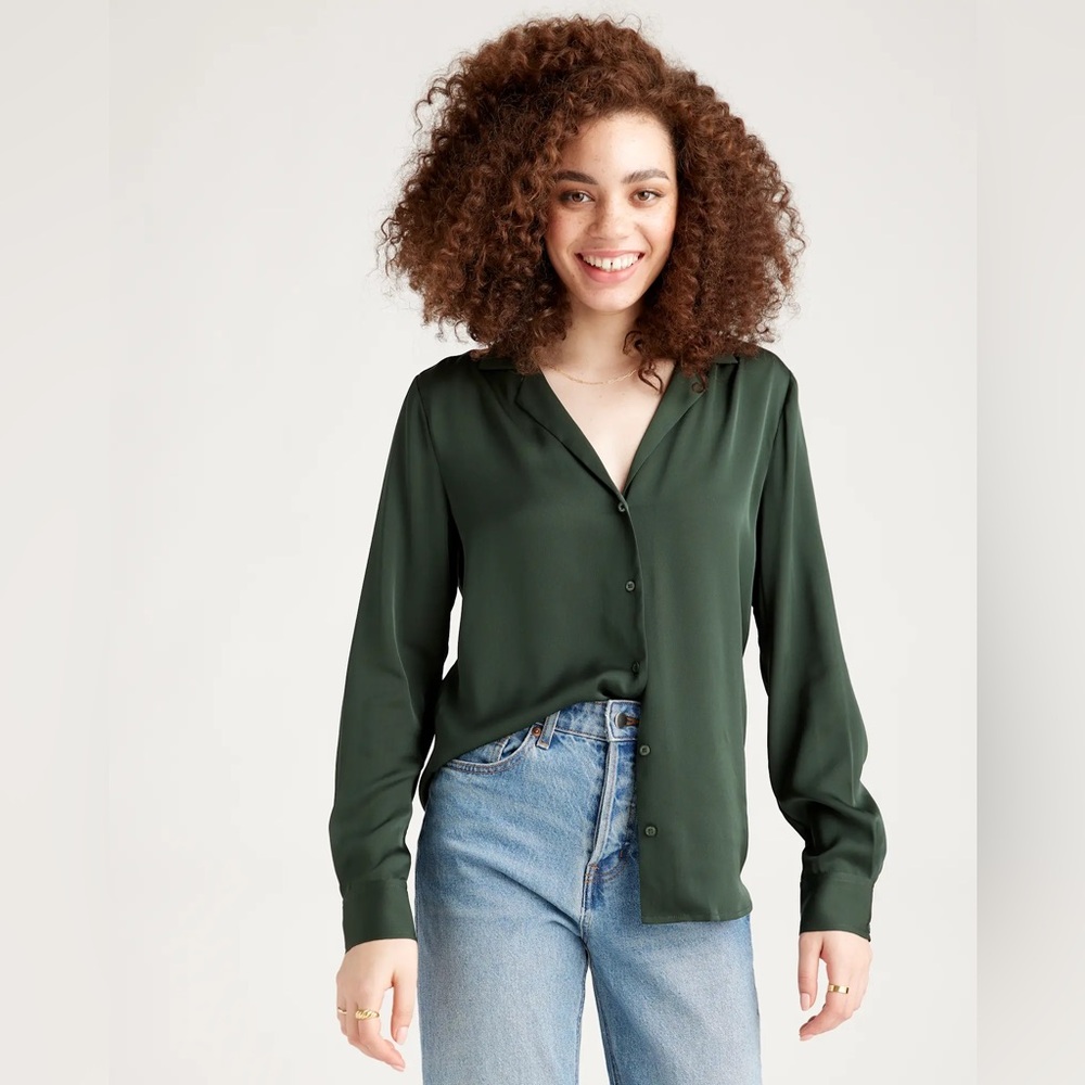 Quince Washable Stretch Silk Notch Collar Blouse, Small (S), Forest Green